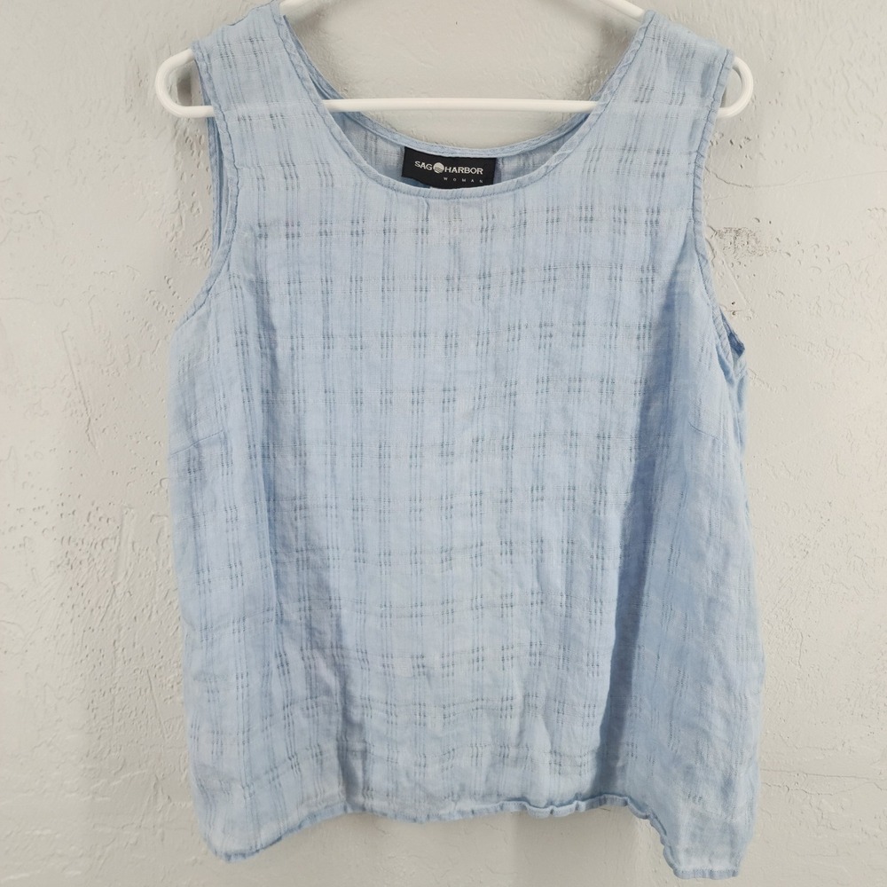 Sag Harbor Womens 1X Light Blue 100% Linen Sleeveless Plaid Tank Top Plus Size